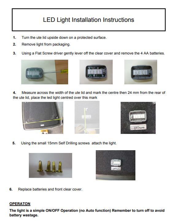 LED Battery Interior Light Ute Lid Hard Top Tonneau Cover for Fibreglass Lids with Carpet Underneath