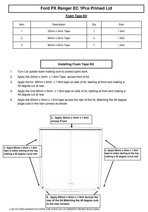 PX Ford Ranger 1P Ute Lid Foam Tape Replacement Sealing Kit For Fibreglass Lids with Carpet Underneath