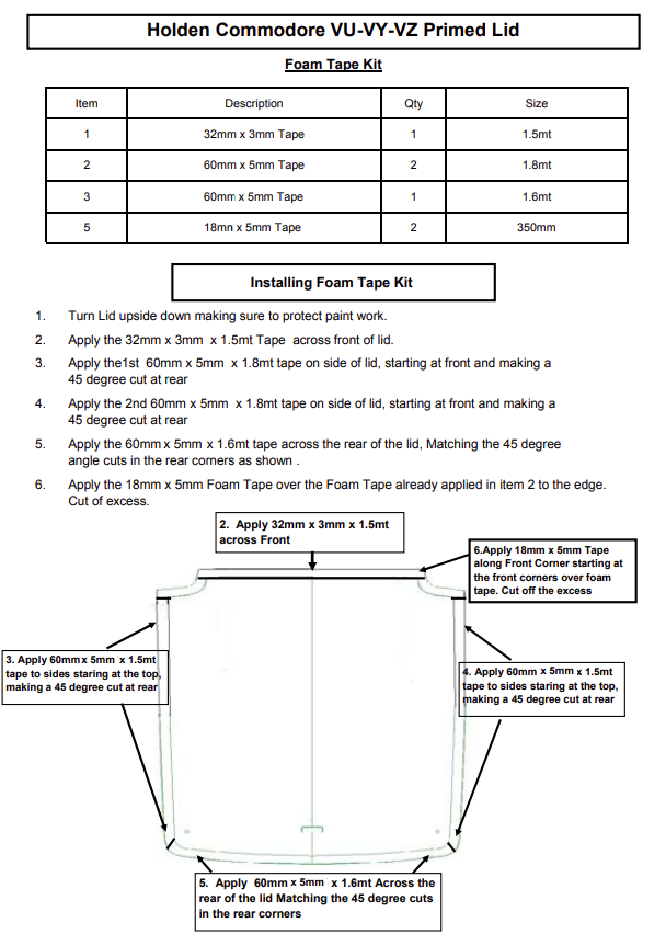 VU VY VZ Commodore Ute Lid Foam Tape Replacement Sealing Kit For Fibreglass Lids with Carpet Underneath